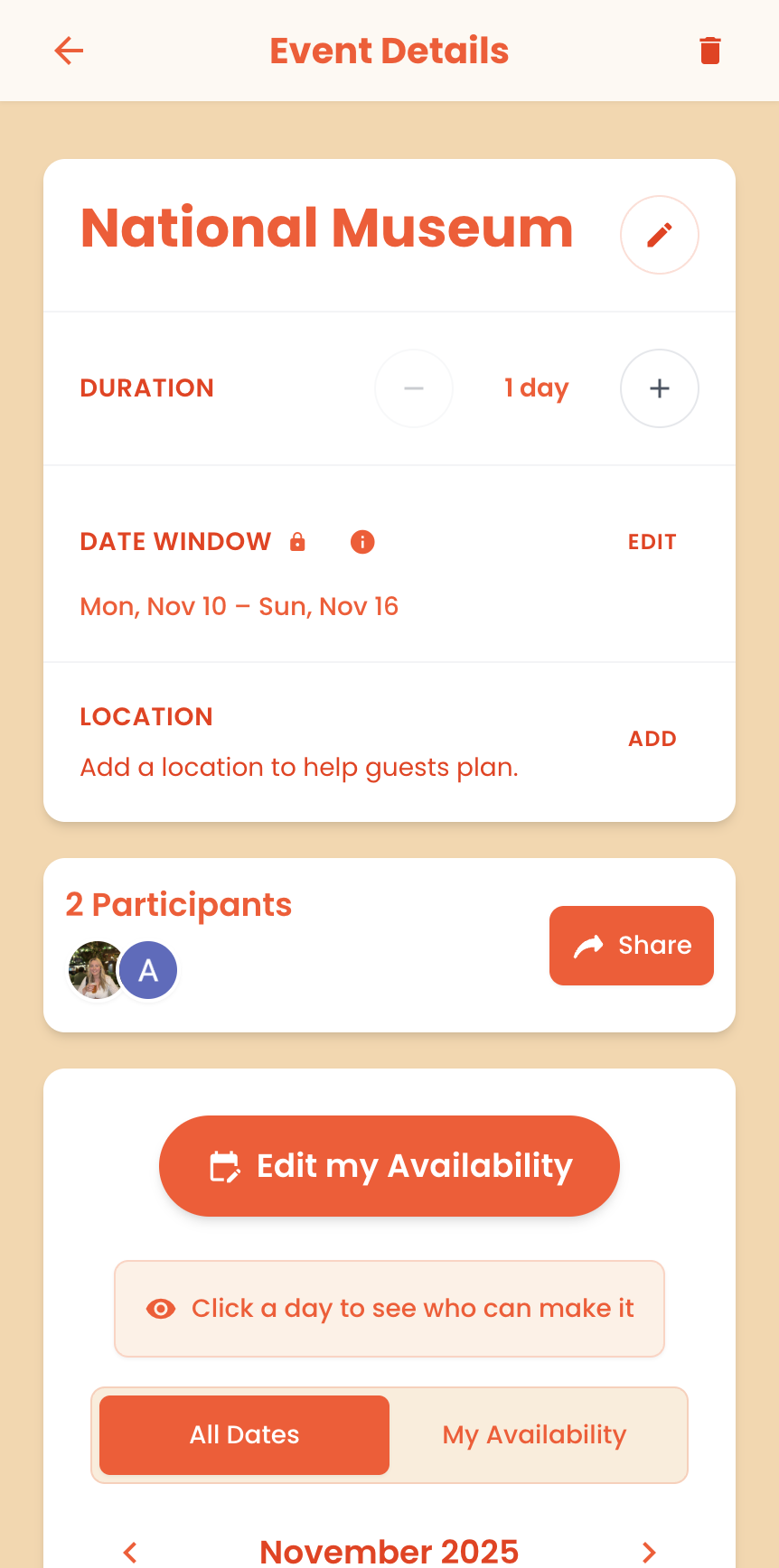Oona event details screen